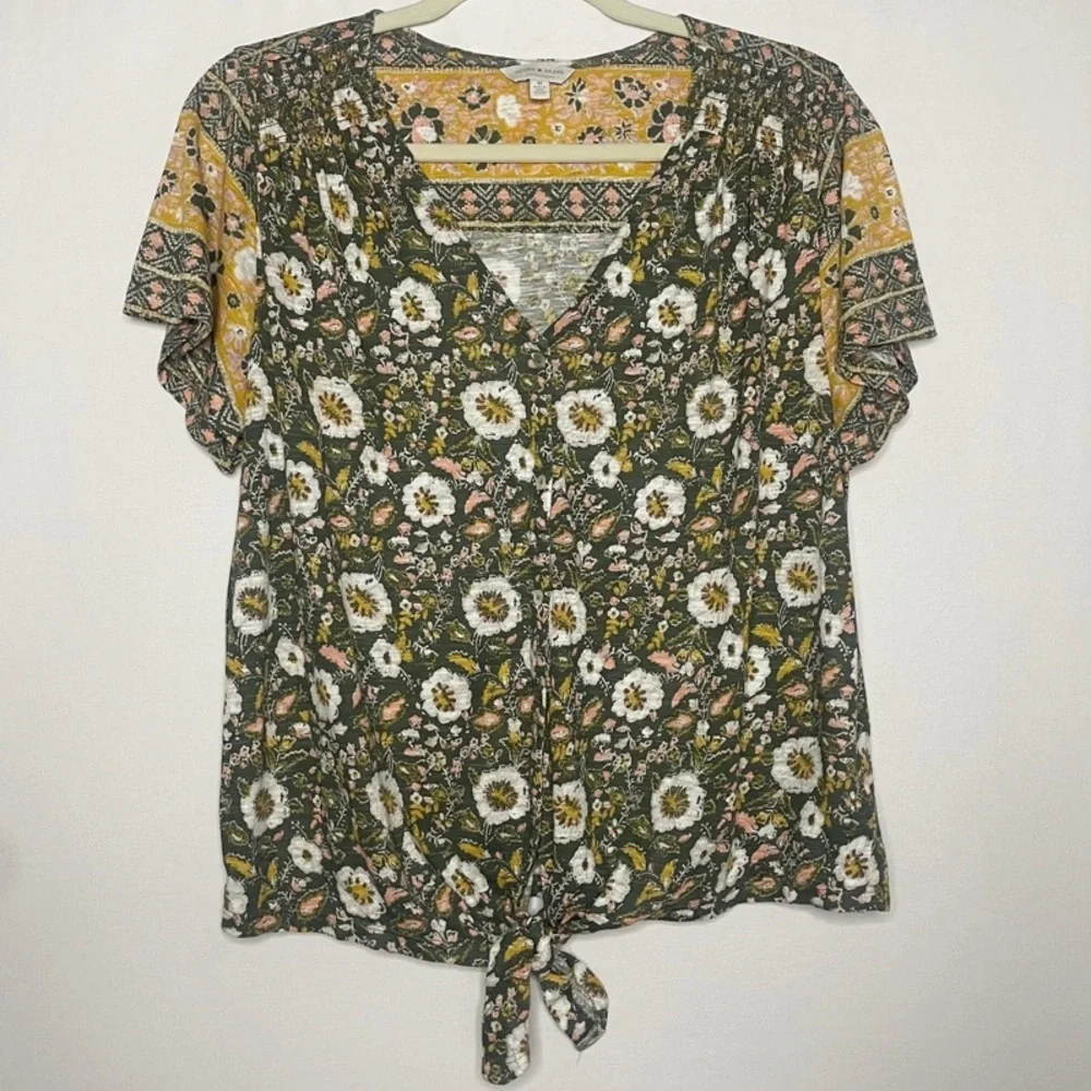 Lucky Brand Boho Floral Print Button Down Tie Waist Blouse Shirt Top